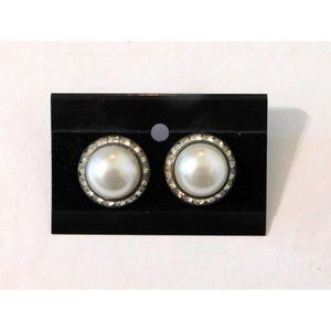 Vintage 1980s Statement Earrings Large Faux Pearl Center Crystals Pierced Silver